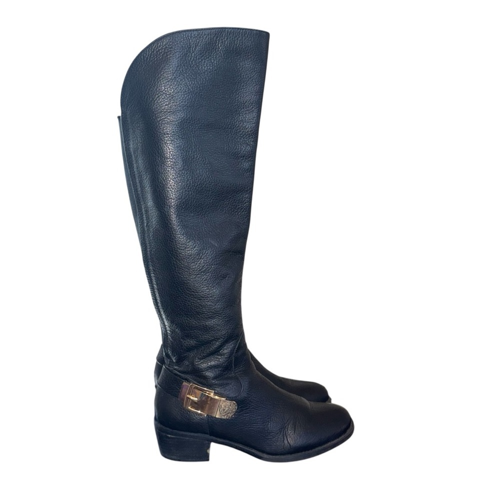 Vince Camuto Bedina 2 II tall, black white calf zip up gold buckle heeled boots
